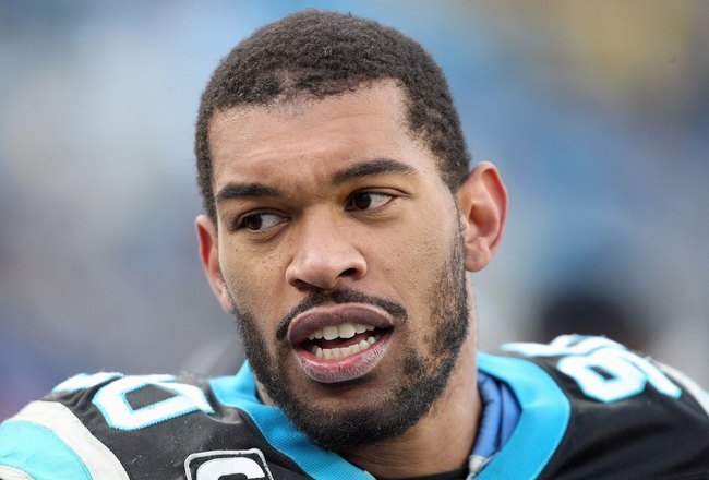 CHARLOTTE, NC - JANUARY 03:  Julius Peppers #90 of the Carolina Panthers looks on the sidelines during the game against the New Orleans Saints at Bank of America Stadium on January 3, 2010 in Charlotte, North Carolina.  (Photo by Streeter Lecka/Getty Images)