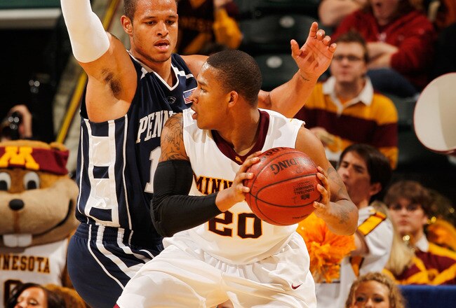 INDIANAPOLIS - MARCH 11:  Guard Lawrence Westbrook #20 of the Minnesota Golden Gophers controls the ball as he is defended by guard Chris Babb #10 of the Penn State Nittany Lion during the first round of the Big Ten Men's Basketball Tournament at Conseco Fieldhouse on March 11, 2010 in Indianapolis, Indiana.  (Photo by Jonathan Daniel/Getty Images)