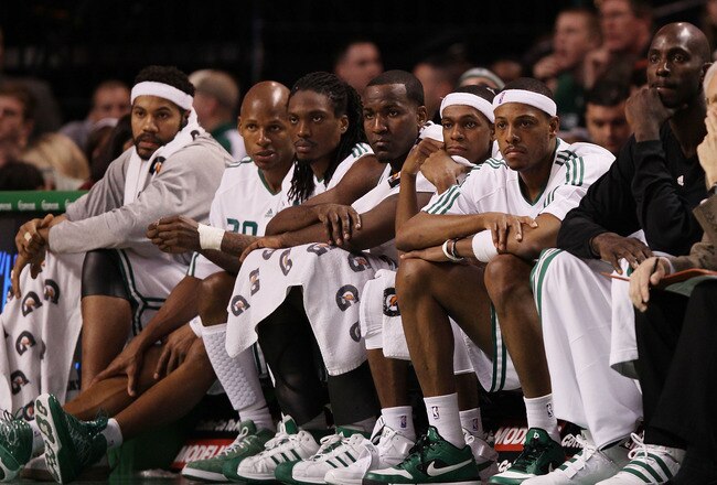 BOSTON - MARCH 10:  The Boston Celtics starters sit on the benchc late in the fourth quarter against the Memphis Grizzlies on March 10, 2010 at the TD Garden in Boston, Massachusetts. The Grizzlies defeated the Celtics 111-91. NOTE TO USER: User expressly acknowledges and agrees that, by downloading and or using this photograph, User is consenting to the terms and conditions of the Getty Images License Agreement.  (Photo by Elsa/Getty Images)