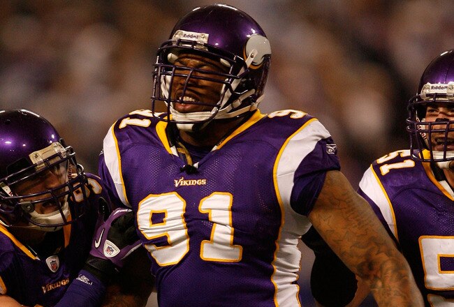 MINNEAPOLIS - JANUARY 17:  Ray Edwards #91 of the Minnesota Vikings celebrates a sack that led to a fumble in the first quarter of the game against the Dallas Cowboys during the NFC Divisional Playoff Game at Hubert H. Humphrey Metrodome on January 17, 2010 in Minneapolis, Minnesota.  (Photo by Elsa/Getty Images)