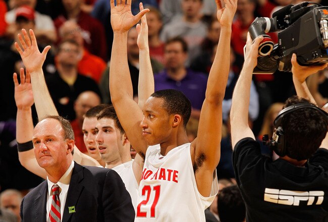 INDIANAPOLIS - MARCH 12:  Guard Evan Turner #21 of the Ohio State Buckeyes reacts after the officials signal that his game winning three point basket was good in their quarterfinal game against the Michigan Wolverines in the Big Ten Men's Basketball Tournament at Conseco Fieldhouse on March 12, 2010 in Indianapolis, Indiana.  (Photo by Jonathan Daniel/Getty Images)