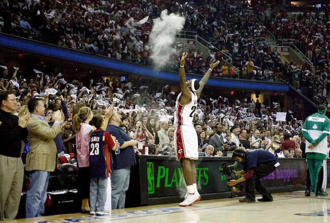 CLEVELAND - MAY 10:  LeBron James #23 of the Cleveland Cavaliers does his pregame ritual of applying powder to his hands and tossing it in the air prior to the start of their game against the Boston Celtics in Game Three of the 2008 NBA Eastern Conference Semifinals on May 10, 2008 at the Quicken Loans Arena in Cleveland, Ohio. NOTE TO USER: User expressly acknowledges and agrees that, by downloading and or using this photograph, User is consenting to the terms and conditions of the Getty Images License Agreement.  (Photo by Gregory Shamus/Getty Images)