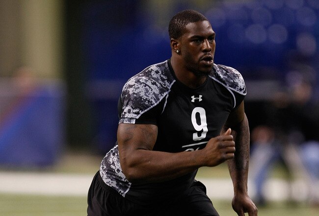INDIANAPOLIS, IN - FEBRUARY 27: Offensive lineman Bruce Campbell of Maryland runs during practice drills during the NFL Scouting Combine presented by Under Armour at Lucas Oil Stadium on February 27, 2010 in Indianapolis, Indiana. (Photo by Scott Boehm/Getty Images)