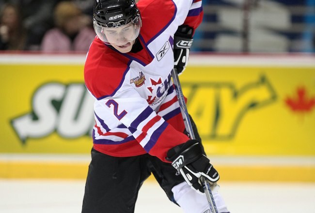 WINDSOR, ON - JANUARY 20:  Mark Pysyk #2 of Team Orr fires a shot during the Home Hardware CHL/NHL Top Prospects game against Team Cherry on January 20, 2010 at the WFCU Centre in Windsor, Ontario. Team Cherry defeated Team Orr 4-2. (Photo by Claus Andersen/Getty Images)