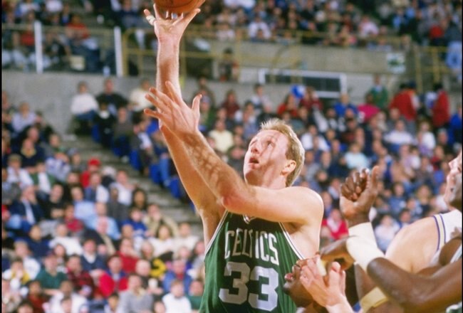 1990:  Boston Celtics forward Larry Bird shoots a layup during game against the Golden State Warriors at the Oakland Colesium Arena in Oakland, California. Mandatory Credit: Otto Greule Jr.  /Allsport