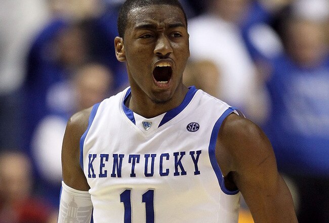 NASHVILLE, TN - MARCH 12:  John Wall #11 of the Kentucky Wildcats reacts in the second half against the Alabama Crimson Tide during the quarterfinals of the SEC Men's Basketball Tournament at the Bridgestone Arena on March 12, 2010 in Nashville, Tennessee.  (Photo by Andy Lyons/Getty Images)