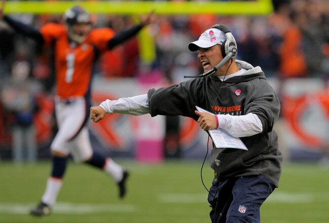 DENVER - OCTOBER 04:  Head coach Josh McDaniels of the Denver Broncos celebrates after Brandon Marshall caught the game winning 51 yard touchdown reception against the Dallas Cowboys with 2:47 remaining in the fourth quarter during NFL action at Invesco Field at Mile High on October 4, 2009 in Denver, Colorado. The Broncos defeated the Cowboys 17-10.  (Photo by Doug Pensinger/Getty Images)