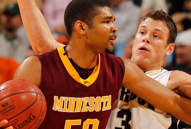 INDIANAPOLIS - MARCH 13:  Forward Ralph Sampson III #50 of the Minnesota Golden Gophers drives against Chris Kramer #3 of the Purdue Boilermakers in the semifinals of the Big Ten Men's Basketball Tournament at Conseco Fieldhouse on March 13, 2010 in Indianapolis, Indiana.  (Photo by Jonathan Daniel/Getty Images)