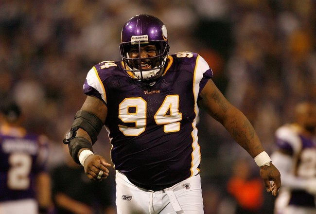 MINNEAPOLIS - JANUARY 17:  Pat Williams #94 of the Minnesota Vikings laughs while playing against the Dallas Cowboys during the NFC Divisional Playoff Game at Hubert H. Humphrey Metrodome on January 17, 2010 in Minneapolis, Minnesota.The Vikings defeated the Cowboys 34-3.  (Photo by Elsa/Getty Images)