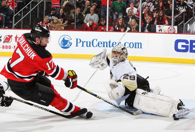 NEWARK, NJ - MARCH 12:  Ilya Kovalchuk #17 of the New Jersey Devils shoots the puck against Marc-Andre Fleury #29 of the Pittsburgh Penguins during their game on March 12, 2010 at The Prudential Center in Newark, New Jersey.  (Photo by Al Bello/Getty Images)