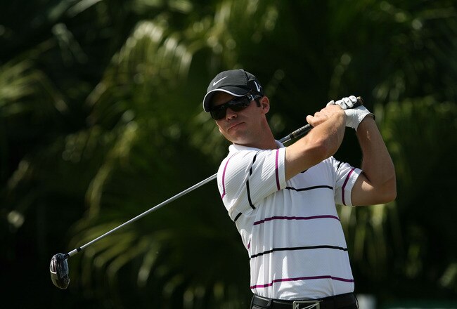 DORAL, FL - MARCH 14:  Paul Casey of England tees off on the eighth tee box during the final round of the 2010 WGC-CA Championship at the TPC Blue Monster at Doral on March 14, 2010 in Doral, Florida.  (Photo by Doug Benc/Getty Images)