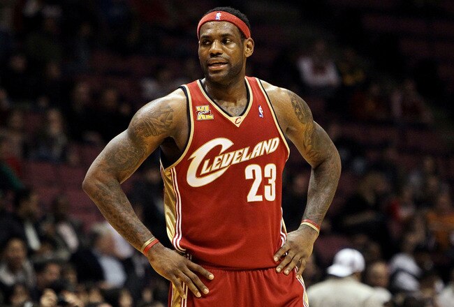 EAST RUTHERFORD, NJ - MARCH 03:  LeBron James #23 of the Cleveland Cavaliers looks on during the game against the New Jersey Nets at the Izod Center on March 3, 2010 in East Rutherford, New Jersey.NOTE TO USER: User expressly acknowledges and agrees that, by downloading and or using this photograph, User is consenting to the terms and conditions of the Getty Images License Agreement.  (Photo by Jim McIsaac/Getty Images)