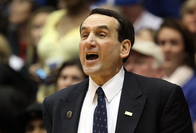 DURHAM, NC - MARCH 06:  Head coach Mike Krzyzewski of the Duke Blue Devils yells to his team against the North Carolina Tar Heels during their game at Cameron Indoor Stadium on March 6, 2010 in Durham, North Carolina.  (Photo by Streeter Lecka/Getty Images)