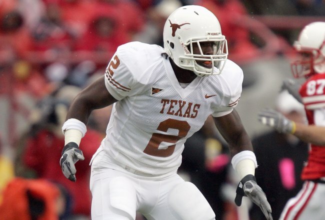 LINCOLN, NE - SEPTEMBER 21: Sergio Kindle #2 of the Texas Longhorns moves on the field during the game against the Nebraska Cornhuskers on October 21, 2006 at Memorial Stadium in Lincoln, Nebraska. The Longhorns defeated the Cornhuskers 22-20. (Photo by Brian Bahr/Getty Images)