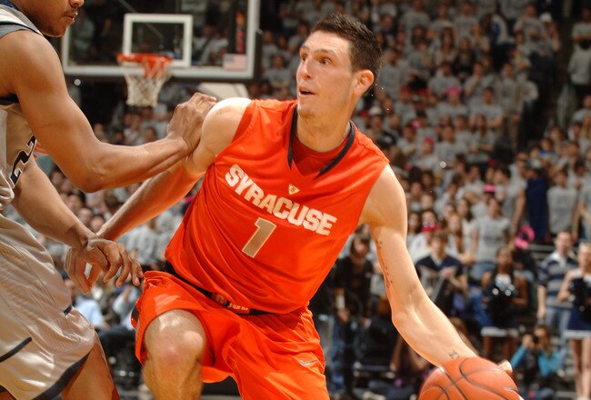 WASHINGTON - FEBRUARY 18:  Andy Rautins #1 of the Syracuse Orange dribbles the ball during a college basketball game against the Georgetown Hoyas on February 18, 2010 at the Verizon Center in Washington DC.  (Photo by Mitchell Layton/Getty Images)