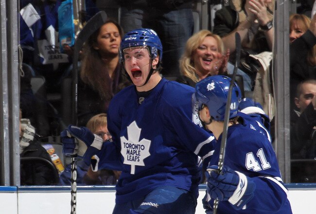 TORONTO, ON MARCH 13:  Tyler Bozak #42 of the Toronto Maple Leafs celebrates after scoring a goal in a game against the Edmonton Oilers on March 13, 2010 at the Air Canada Centre in Toronto, Ontario. (Photo by Claus Andersen/Getty Images)