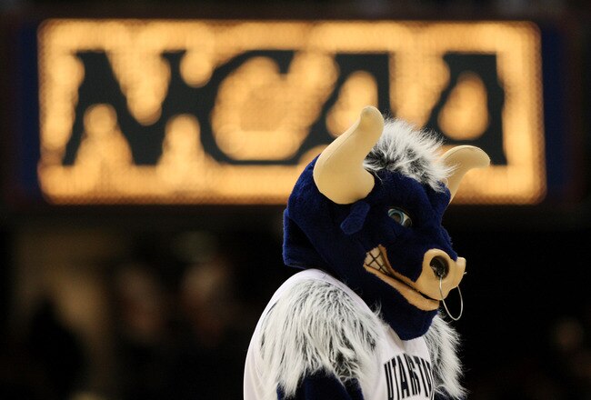 BOISE, ID - MARCH 20:  Big Blue, mascot of the Utah State Aggies stands on the court during the game against the Marquette Golden Eagles in the first round of the NCAA Division I Men's Basketball Tournament at the Taco Bell Arena on March 20, 2009 in Boise, Idaho.  (Photo by Jed Jacobsohn/Getty Images)