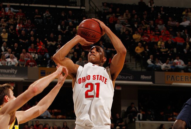 INDIANAPOLIS - MARCH 12:  Guard Evan Turner #21 of the Ohio State Buckeyes takes a shot against the Michigan Wolverines in the quarterfinals of the Big Ten Men's Basketball Tournament at Conseco Fieldhouse on March 12, 2010 in Indianapolis, Indiana.  (Photo by Jonathan Daniel/Getty Images)