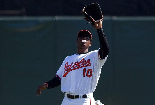 SARASOTA, FL - MARCH 07:  Outfielder Adam Jones #10 of the Baltimore Orioles catches a fly ball against the Boston Red Sox during a Grapefruit League Spring Training Game at Ed Smith Stadium on March 7, 2010 in Sarasota, Florida.  (Photo by J. Meric/Getty Images)
