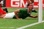 19 JUN 1994:  MEXICO''S LUIS ALVEZ, CENTER ON GROUND, LOOKS  UP AS HIS HEADER SAILS OFF THE CROSSBAR IN A LATE-GAME FLURRY AGAINST NORWAY AT RFK STADIUM IN WASHINGTON D.C.  MEXICO LOST THE GAME 1-0. Mandatory Credit: Simon Bruty/ALLSPORT
