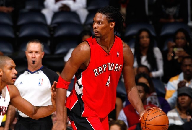 ATLANTA - DECEMBER 02:  Chris Bosh #4 of the Toronto Raptors against the Atlanta Hawks at Philips Arena on December 2, 2009 in Atlanta, Georgia.  NOTE TO USER: User expressly acknowledges and agrees that, by downloading and/or using this Photograph, User is consenting to the terms and conditions of the Getty Images License Agreement.  (Photo by Kevin C. Cox/Getty Images)