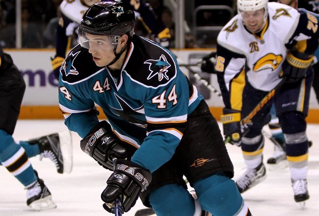 SAN JOSE, CA - JANUARY 23:  Marc-Edouard Vlasic #44 of the San Jose Sharks in action during their game against the Buffalo Sabres at HP Pavilion on January 23, 2010 in San Jose, California.  (Photo by Ezra Shaw/Getty Images)