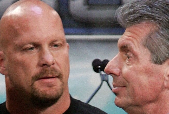 NEW YORK - MARCH 28:  Donald Trump, wrestler Stone Cold Steve Austin and WWE Chairman Vince McMahon attend the press conference held by Battle of the Billionaires to announce the details of Wrestlemania 23 at Trump Tower on March 28, 2007 in New York City.  (Photo by Bryan Bedder/Getty Images)