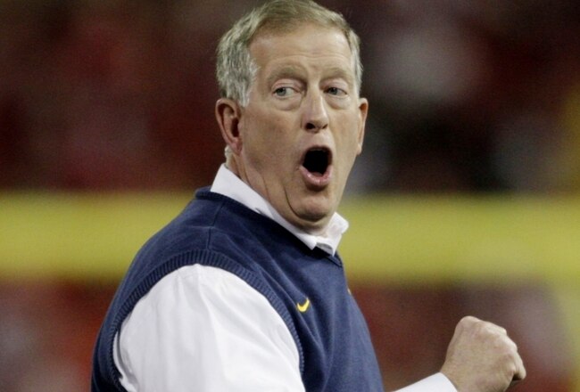 CINCINNATI - NOVEMBER 13: Head coach Bill Stewart of the West Virginia Mountaineers reacts during the game against the Cincinnati Bearcats at Nippert Stadium on November 13, 2009 in Cincinnati, Ohio. (Photo by Andy Lyons/Getty Images)