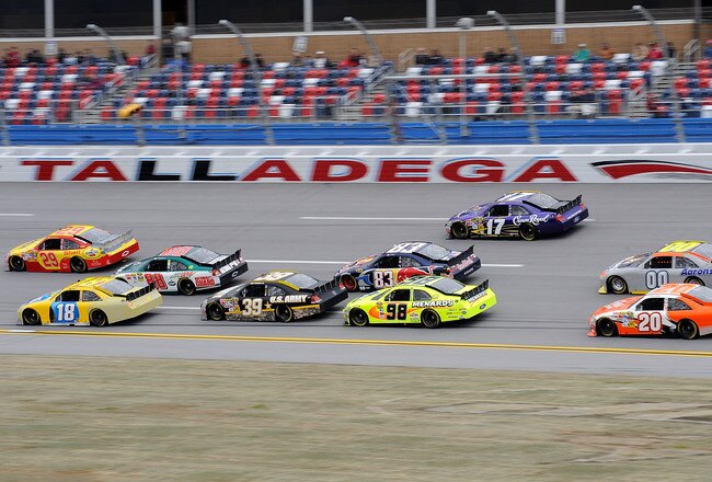 TALLADEGA, AL - MARCH 16:  Kevin Harvick pits the #29 Pennzoil/Shell Chevrolet, Kyle Busch, driver of the #18 M&M's Toyota and Dale Earnhardt Jr., driver of the #88 AMP Energy/National Guard Chevrolet lead the draft with the new spoilers during testing for the NASCAR Sprint Cup Series at Talladega Superspeedway on March 16, 2010 in Talladega, Alabama.  (Photo by Rusty Jarrett/Getty Images for NASCAR)