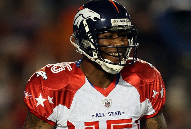 MIAMI GARDENS, FL - JANUARY 31:  Brandon Marshall of the Denver Broncos celebrates after scoring a touchdown during the 2010 AFC-NFC Pro Bowl at Sun Life Stadium on January 31, 2010 in Miami Gardens, Florida.  (Photo by Doug Benc/Getty Images)