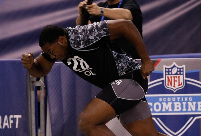 INDIANAPOLIS, IN - FEBRUARY 27: Offensive lineman Russell Okung of Oklahoma State runs the 40 yard dash during the NFL Scouting Combine presented by Under Armour at Lucas Oil Stadium on February 27, 2010 in Indianapolis, Indiana. (Photo by Scott Boehm/Getty Images)