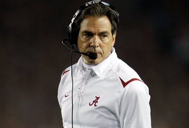 PASADENA, CA - JANUARY 07:  Head Coach Nick Saban of the Alabama Crimson Tide reacts during the Citi BCS National Championship game against the Texas Longhorns at the Rose Bowl on January 7, 2010 in Pasadena, California.  (Photo by Jeff Gross/Getty Images)