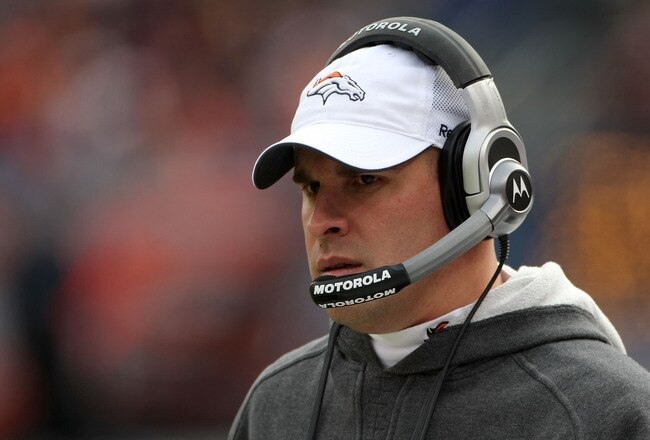 DENVER - JANUARY 03: Head coach Josh McDaniels of the Denver Broncos leads his team against the Kansas City Chiefs during NFL action at Invesco Field at Mile High on January 3, 2010 in Denver, Colorado. (Photo by Doug Pensinger/Getty Images)