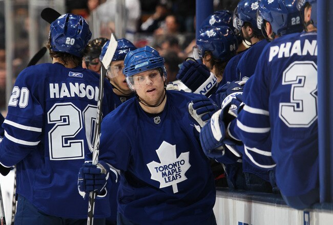 TORONTO, ON MARCH 13:  Phil Kessel #81 of the Toronto Maple Leafs celebrates a goal in a game against the Edmonton Oilers on March 13, 2010 at the Air Canada Centre in Toronto, Ontario. (Photo by Claus Andersen/Getty Images)