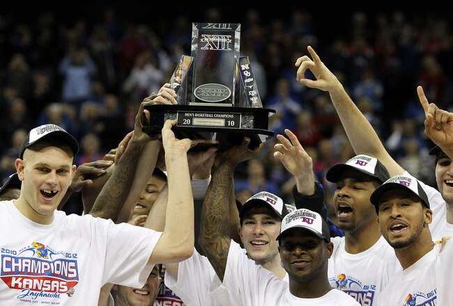 KANSAS CITY, MO - MARCH 13:  The Kansas Jayhawks display the trophy after defeating the Kansas State Wildcats to win the 2010 Phillips 66 Big 12 Men's Basketball Championship on March 13, 2010 at the Sprint Center in Kansas City, Missouri.  (Photo by Jamie Squire/Getty Images)