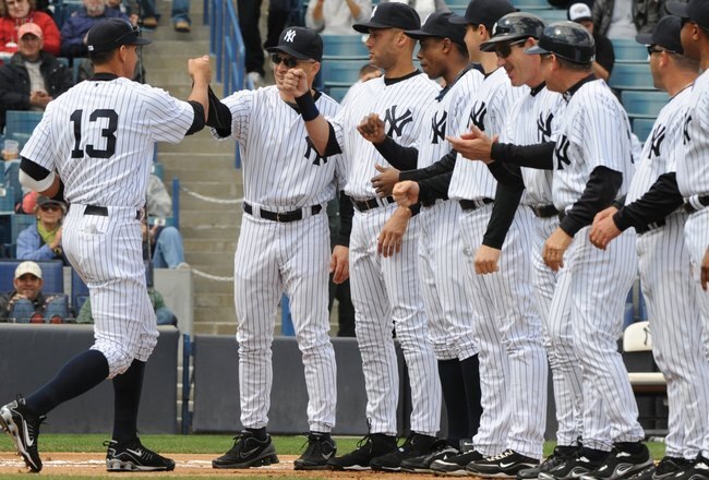 TAMPA, FL - MARCH 3: Infielder Alex Rodriguez #13 of the New York Yankees takes the field during pre-game ceremonies against the Pittsburgh Pirates on March 3, 2010 at the George M. Steinbrenner  Field in Tampa, Florida. (Photo by Al Messerschmidt/Getty Images) 