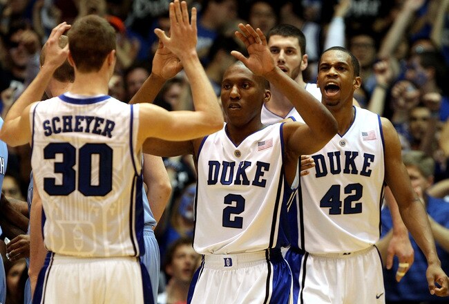 DURHAM, NC - MARCH 06:  Lance Thomas #42 celebrates with teammate Nolan Smith #2 of the Duke Blue Devils during their game against the North Carolina Tar Heels at Cameron Indoor Stadium on March 6, 2010 in Durham, North Carolina.  (Photo by Streeter Lecka/Getty Images)