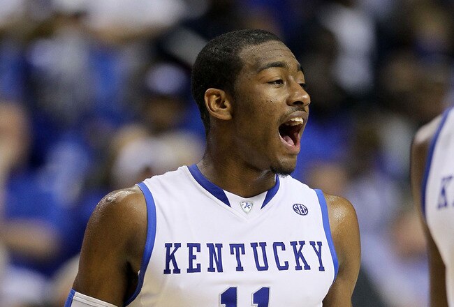 NASHVILLE, TN - MARCH 14:  John Wall #11 of the Kentucky Wildcats reacts against the Mississippi State Bulldogs during the final of the SEC Men's Basketball Tournament at the Bridgestone Arena on March 14, 2010 in Nashville, Tennessee.  (Photo by Andy Lyons/Getty Images)