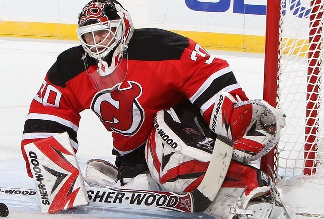 NEWARK, NJ - MARCH 12:  Martin Brodeur #30 of the New Jersey Devils in action against the Pittsburgh Penguins during their game on March 12, 2010 at The Prudential Center in Newark, New Jersey  (Photo by Al Bello/Getty Images)