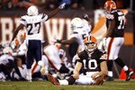 CLEVELAND - DECEMBER 06:  Brady Quinn #10 of the Cleveland Browns reacts after fumbling against the San Diego Chargers at Cleveland Browns Stadium on December 6, 2009 in Cleveland, Ohio.  (Photo by Matt Sullivan/Getty Images)