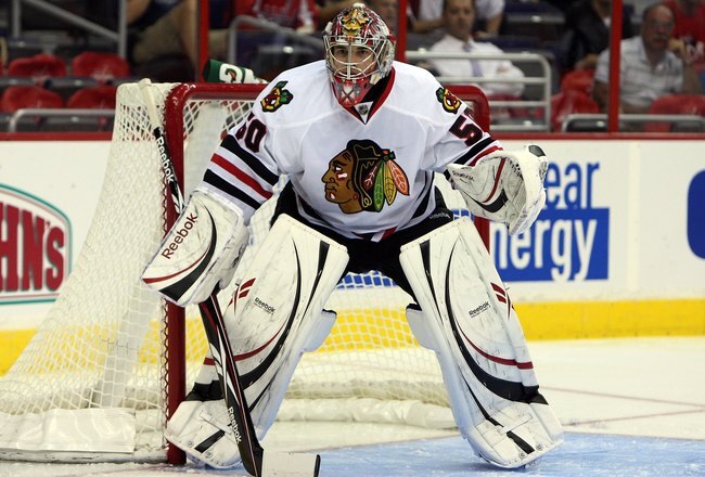WASHINGTON DC, DC - SEPTEMBER 23:  Corey Crawford #50 of the Chicago Blackhawks defends his net against the Washington Capitals during their preseason game on September 23, 2009 at the Verizon Center in Washington, DC.  (Photo by Jim McIsaac/Getty Images)