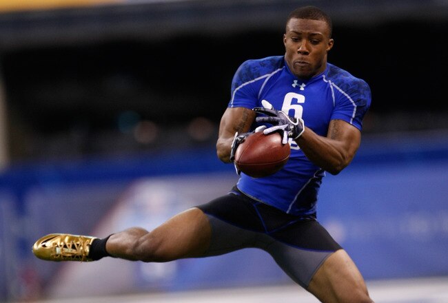 INDIANAPOLIS, IN - MARCH 2: Defensive back Eric Berry of Tennessee jumps in the air to catch the football in drills during the NFL Scouting Combine presented by Under Armour at Lucas Oil Stadium on March 2, 2010 in Indianapolis, Indiana. (Photo by Scott Boehm/Getty Images)