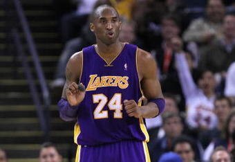 OAKLAND, CA - MARCH 15:  Kobe Bryant #24 of the Los Angeles Lakers celebrates after hitting a three-point shot against the Golden State Warriors during an NBA game at Oracle Arena on March 15, 2010 in Oakland, California. NOTE TO USER: User expressly acknowledges and agrees that, by downloading and/or using this Photograph, user is consenting to the terms and conditions of the Getty Images License Agreement.  (Photo by Jed Jacobsohn/Getty Images)