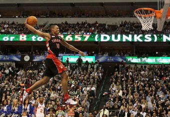 DALLAS - FEBRUARY 13:  DeMar DeRozan #10 of the Toronto Raptors goes up for a dunk during the Sprite Slam Dunk Contest on All-Star Saturday Night, part of 2010 NBA All-Star Weekend at American Airlines Center on February 13, 2010 in Dallas, Texas. NOTE TO USER: User expressly acknowledges and agrees that, by downloading and or using this photograph, User is consenting to the terms and conditions of the Getty Images License Agreement.  (Photo by Jed Jacobsohn/Getty Images)