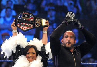 NEW YORK - APRIL 28:  Sherri Shepherd holds up the U.S. title belt after M.V.P. defeated Dolph Ziggler during a match at WWE SmackDown at Madison Square Garden on April 28, 2009 in New York City.  (Photo by George Napolitano/Getty Images)