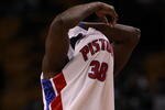 BOSTON - MARCH 15:  Kwame Brown #38 of the Detroit Pistons changes his jersey as instructed by a referee  in the second half against the Boston Celtics on March 15, 2010 at the TD Garden in Boston, Massachusetts. The Celtics defeated the Pistons 119-93.  NOTE TO USER: User expressly acknowledges and agrees that, by downloading and or using this photograph, User is consenting to the terms and conditions of the Getty Images License Agreement.  (Photo by Elsa/Getty Images)