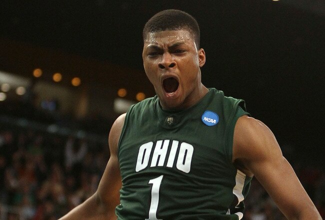 PROVIDENCE, RI - MARCH 18:  DeVaughn Washington #1 of the Ohio Bobcats celebrates his dunk in the second half against the Georgetown Hoyas during the first round of the 2010 NCAA men's basketball tournament on March 18, 2010 at the Dunkin Donuts Arena in Providence, Rhode Island. Ohio defeated Georgetown 97-83.  (Photo by Elsa/Getty Images)