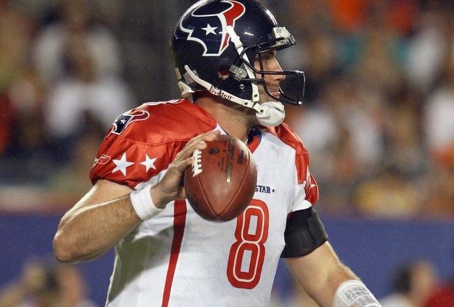 MIAMI GARDENS, FL - JANUARY 31:  Matt Schaub #8 of the AFC's Houston Texans looks to make a pass play during the 2010 AFC-NFC Pro Bowl game at Sun Life Stadium on January 31, 2010 in Miami Gardens, Florida. The AFC defeated the NFC 41-34. (Photo by Scott Halleran/Getty Images)