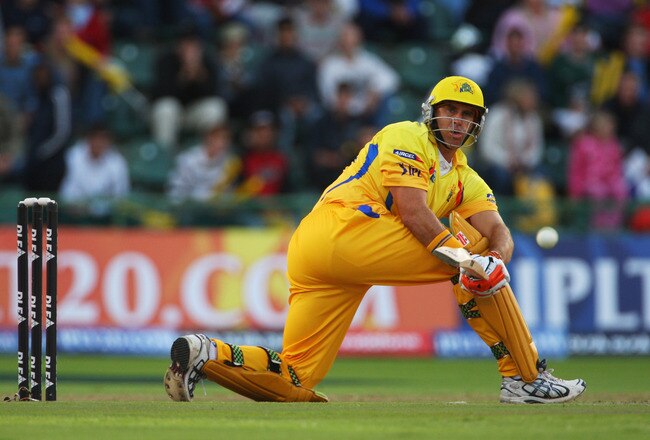 PORT ELIZABETH, SOUTH AFRICA - APRIL 20:  Matthew Hayden of Chennai hits out during IPL T20 match between Chennai Super Kings and Royal Challengers Bangalore at St Georges Cricket Ground on April 20, 2009 in Port Elizabeth, South Africa.  (Photo by Tom Shaw/Getty Images)