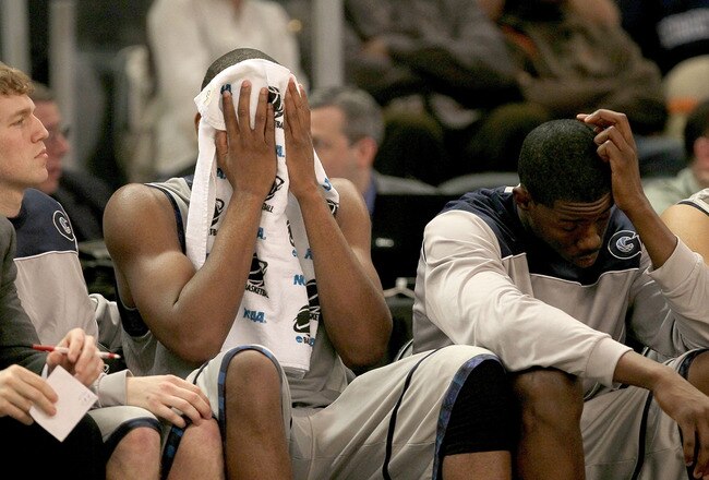 PROVIDENCE, RI - MARCH 18:  The bench Georgetown Hoyas reacts in the final moments of a loss to the Ohio Bobcats during the first round of the 2010 NCAA men's basketball tournament at Dunkin' Donuts Center on March 18, 2010 in Providence, Rhode Island. Ohio won 97-83. (Jim Rogash/Getty Images)